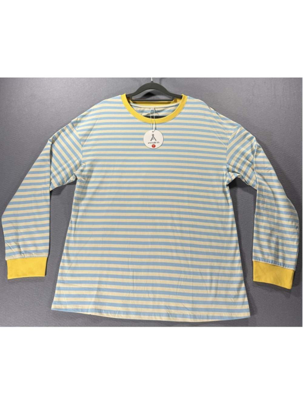 ANRABESS Oversized Striped Long Sleeve Top Womens L Large Crewneck Tunic Yellow